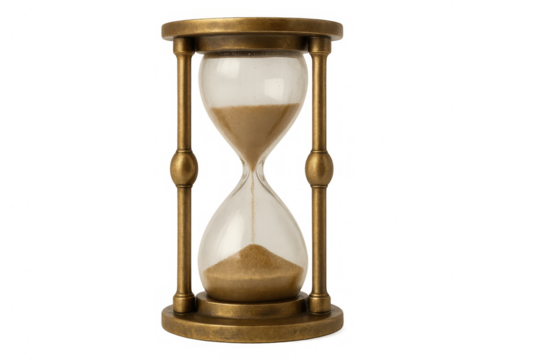 Brass hourglass measuring time, sand trickling through narrow neck against clear backdrop