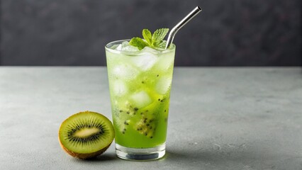 A visually appealing iced kiwi beverage, featuring a bright green hue and natural kiwi seeds, garnished with a sprig of mint and presented with a modern metal straw. Ideal for health and wellness them