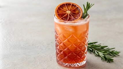 A vibrant blood orange cocktail, layered with stunning orange and red hues, elegantly garnished with a dried orange slice and a sprig of fresh rosemary. Perfect for refreshing summer drinks