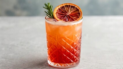 Visually appealing ombre drink, transitioning from sunny orange to deep red, in an elegant textured glass, adorned with a unique dried blood orange and aromatic rosemary. Ideal for culinary
