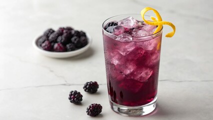 Vibrant purple iced drink, garnished with an elegant lemon twist, and accompanied by a small bowl of ripe blackberries, suggesting a fresh and invigorating beverage. Ideal for culinary and lifestyle.
