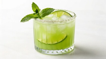 Vibrant green cocktail, possibly a margarita or mojito, served over ice in a sugar-rimmed glass, garnished with fresh mint and a lime slice. Perfect for refreshing summer drinks and party themes.

