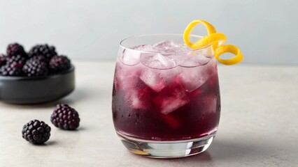 A refreshing dark berry cocktail, possibly blackberry, served over ice with a bright lemon peel twist, beautifully set beside a bowl of fresh berries. Perfect for summer and mixology themes.


