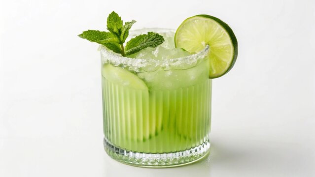 A zesty lime-green beverage, featuring a frosted rim and a fresh sprig of mint, with lime wedges submerged in the ice. Ideal for healthy drinks, detox, or natural ingredient themes.

