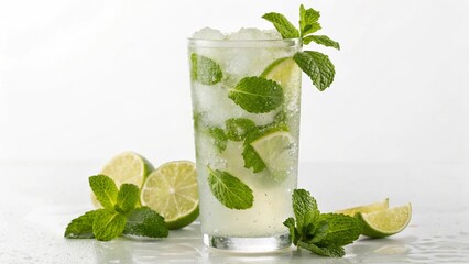 A vibrant and refreshing mojito cocktail, brimming with crushed ice, fresh mint leaves, and lime wedges, stands on a bright white surface