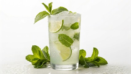 This crisp and inviting image features a classic mojito, garnished generously with lush mint sprigs and zesty lime slices, showcasing its invigorating qualities against a clean