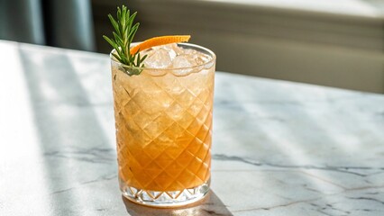 This vibrant, iced alcoholic beverage in a textured glass features a beautiful combination of citrus and herbal garnishes, casting a tempting glow on a bright, upscale surface