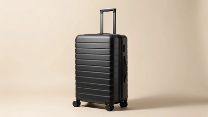 A sleek, modern black hard-shell suitcase stands ready for travel, featuring a telescopic handle and smooth-gliding wheels. Perfect for business trips or leisure getaways.

