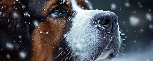 Christmas pet photo shoot concept. Snowy close-up of a Saint Bernard dog with a serene expression.