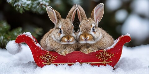 Christmas pet photo shoot concept. Cute rabbits in a sled surrounded by snow.