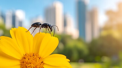 Black ant on a vibrant yellow flower.