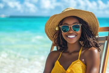 Joyful african woman relaxing on a beach chair, radiating happiness by the shoreline