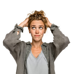 A puzzled woman, hands on her head, expresses a confused and unsure look, isolated on a transparent background.