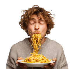 A silly man slurps noodles too fast, causing them to splash his face, isolated on a transparent background.