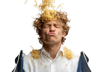A silly man slurps noodles too fast, causing them to land on his head and face, isolated on a transparent background.