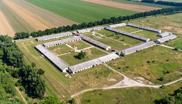 Aerial view of farm buildings