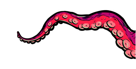 Purple octopus tentacles reaching upwards, squid-like marine animal body parts protruding from out of frame, cut for food or frame design, cartoon colour sketch anime vector illustration. 