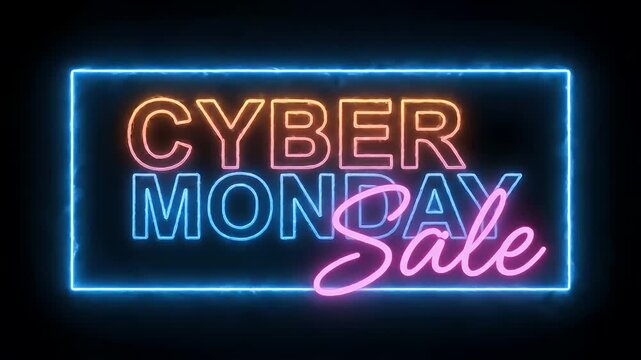 Neon sign displaying CYBER MONDAY Sale with a blue bracket - Powered by Adobe