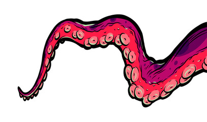 Purple octopus tentacles reaching upwards, squid-like marine animal body parts protruding from out of frame, cut for food or frame design, cartoon colour sketch anime vector illustration.  © Very Well Studio