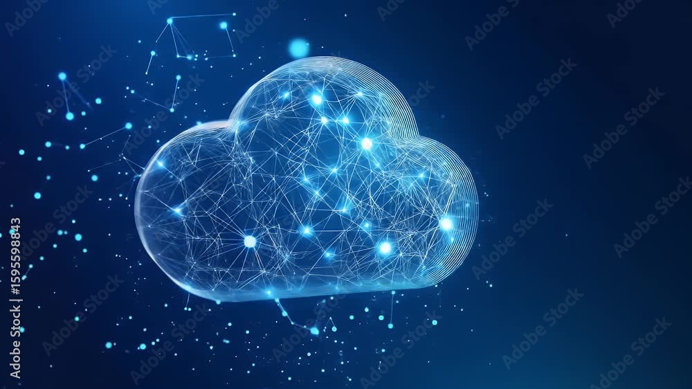 Poster digital cloud formation with interconnected dots and lines floating against a dark blue background r