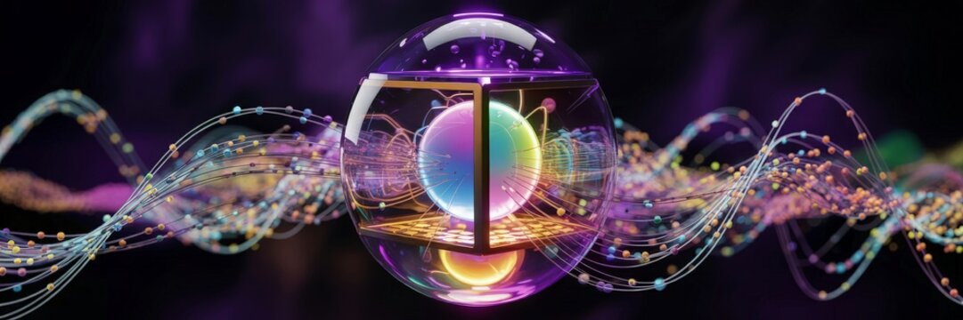 a quantum computer's core. A central, iridescent quantum processor is encased in a protective sphere, with streams of entangled particles representing complex data flowing through it. 