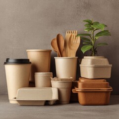 Eco-Friendly Biodegradable Food Packaging and Utensils on Neutral Background