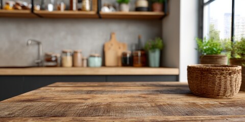 Wooden Table and Kitchen Interior