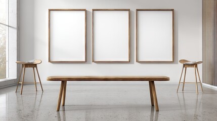 Empty picture frames and wooden furniture in a modern room.