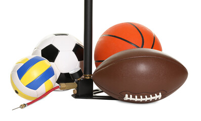 Different sport balls and manual air pump isolated on white