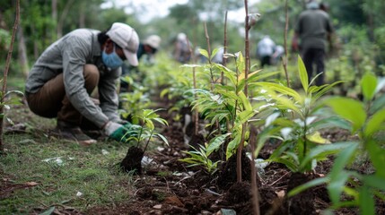 Volunteers Planting Trees in Lush Green Forest for Environmental Conservation