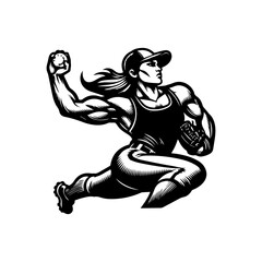 Fototapeta premium Dynamic Softball Player in MidThrow Graphic Black and White Illustration.