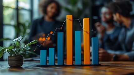Bar graph of growth and decline on a wooden table.