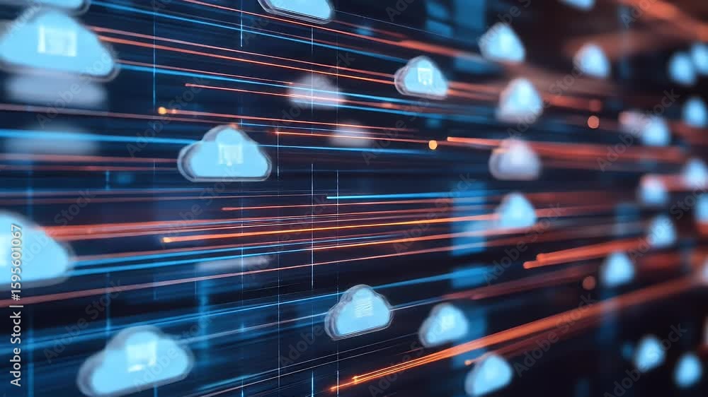 Poster abstract digital cloud computing network with data transfer lines and connections. blue cloud icons 