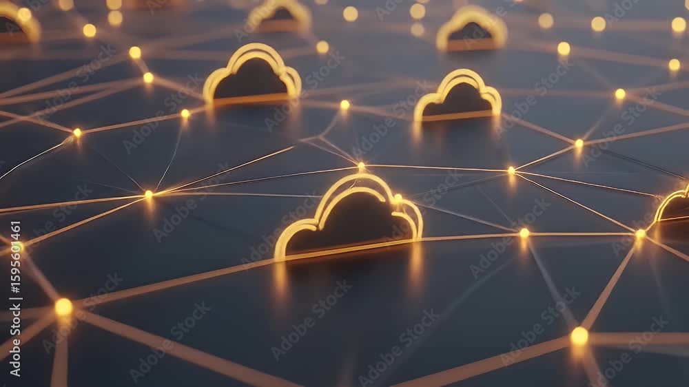 Poster abstract digital cloud network illustration with glowing lights and interconnected lines on dark bac