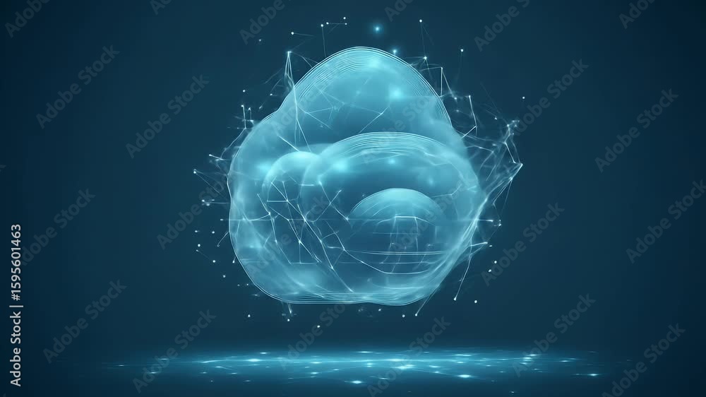 Poster digital cloud-shaped structure with interconnected dots and lines floating over a dark blue backgrou
