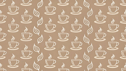 Coffee Cup and Leaf Pattern on Light Brown Background for Decor