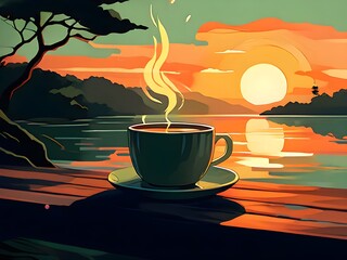 Steaming coffee cup on rustic wooden table with sunset over lake in background. Scenic evening landscape 