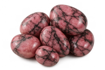 Polished rhodonite mineral stones with natural pink and black veins isolated on transparent background
