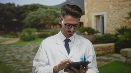 Young hispanic scientist man wearing white lab coat and glasses tapping tablet on old town stone street near ancient building wall under sunlight; data analysis concentration. - Powered by Adobe