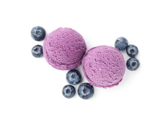 Tasty sorbet with blueberries isolated on white, top view
