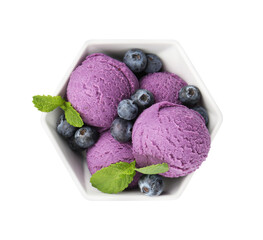 Tasty sorbet with blueberries and mint isolated on white, top view