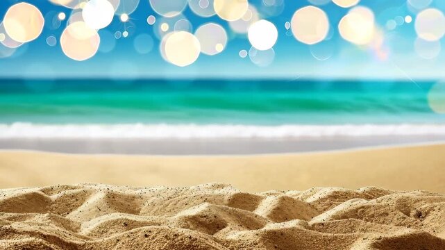 Seashore Serenity: A tranquil coastal scene presents a stretch of sun-kissed sand meeting the sparkling turquoise sea under a clear sky, creating a sense of peace and relaxation. 