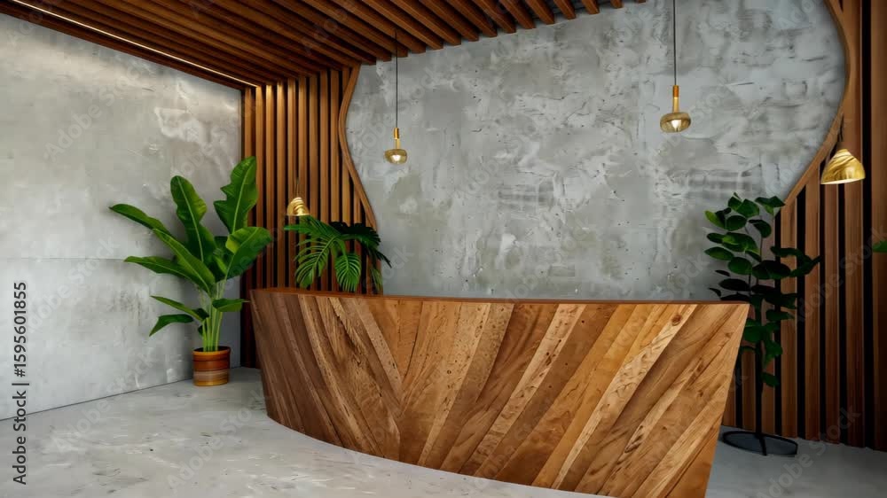 Poster reception desk in minimalist design: a modern and inviting reception desk with a wooden texture and 