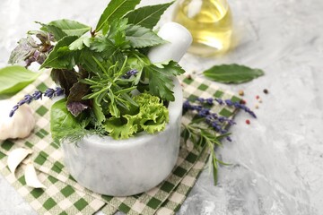 Mortar with pestle, different aromatic herbs and spices on grey table, closeup. Space for text