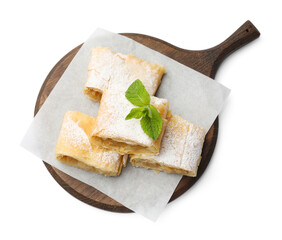 Pieces of tasty apple strudel with powdered sugar and mint isolated on white, top view