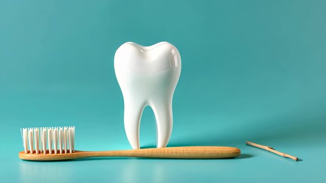 Tooth and Toothbrush: A striking visual of a pristine, white tooth perched on a wooden toothbrush, hinting at dental hygiene with a background of pastel color