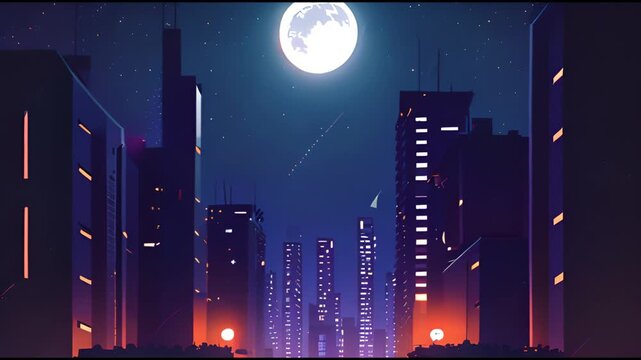 Big full moon at Night Time at city street. night city with skyscrapers illustration.