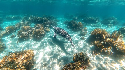 Fototapeta premium Spotted sea creature swims amidst coral reefs.