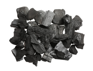 Pieces of black coals isolated on white, top view