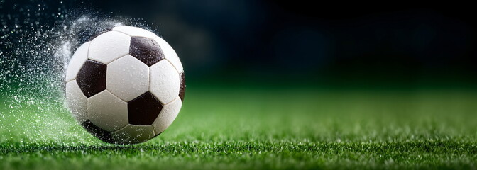 Wet soccerball with water droplets on green grass field on dark background. Concept of sport, game, and competition. For game poster or banner.